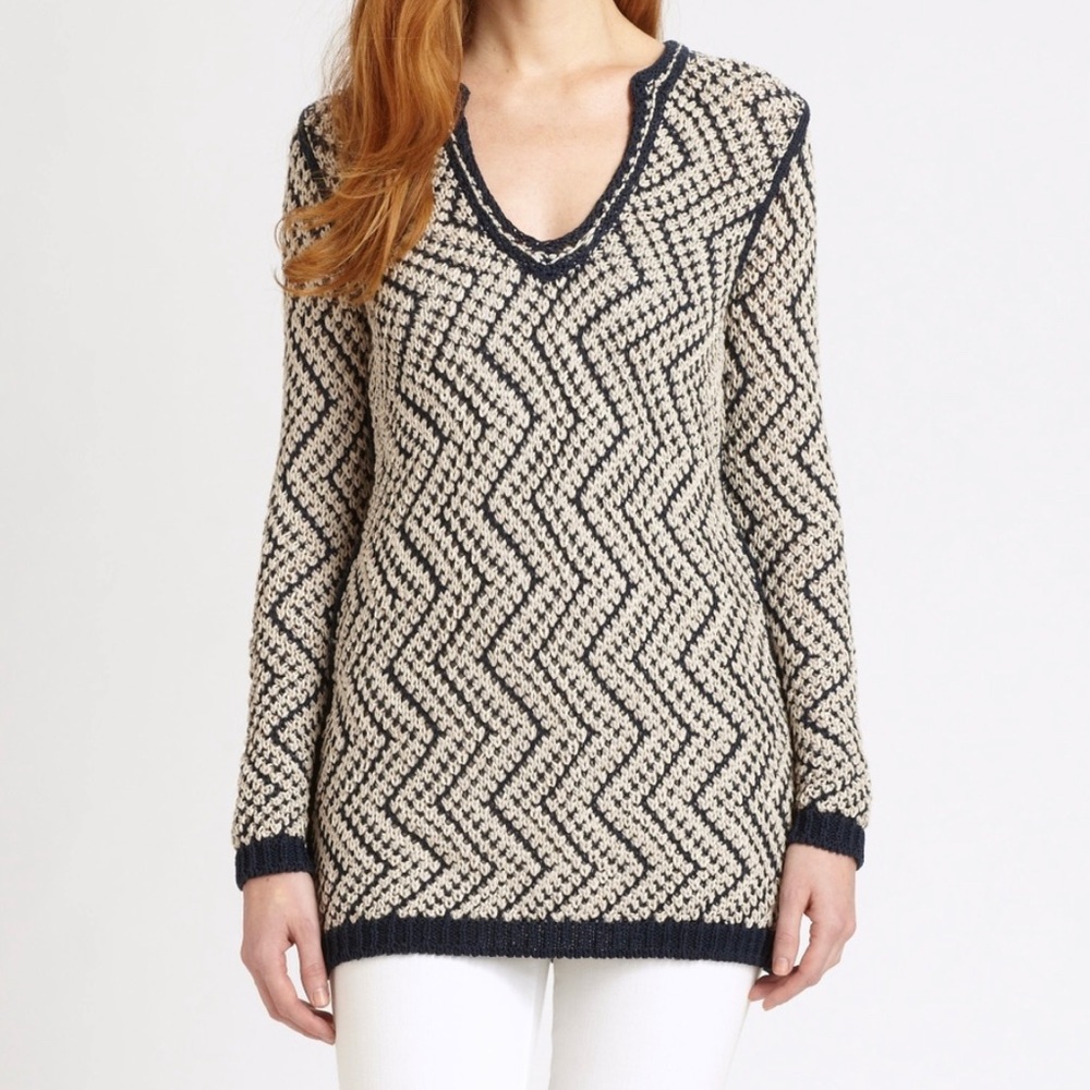 Tory Burch Ricki Crochet Navy Tunic Knit Sweater - size Small